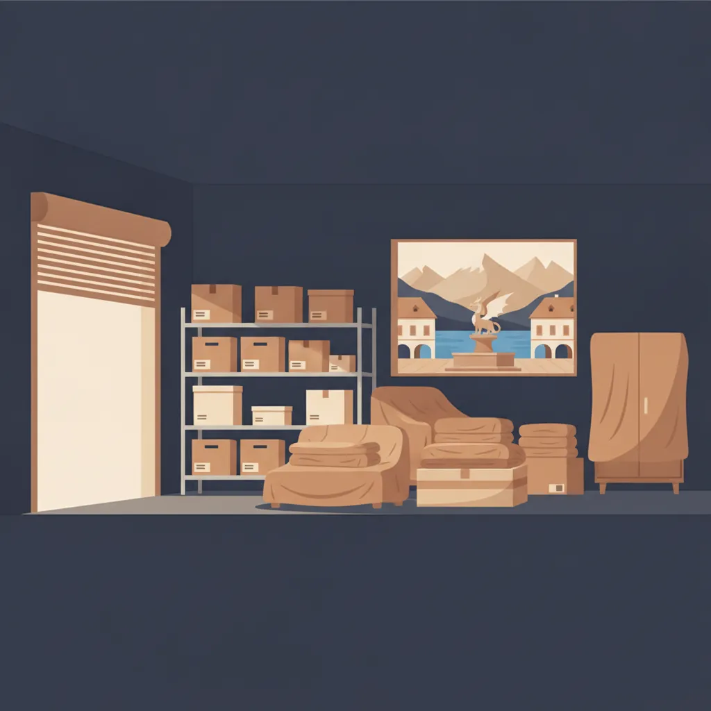 Flat-Design-Illustration: gepolsterte Möbel und beschriftete Kartons stehen ordentlich gestapelt in einem trockenen, gesicherten Lagerraum mit Rolltor, durch ein Fenster der Lindwurm-Brunnen und der Wörthersee - Einlagerung in Klagenfurt
