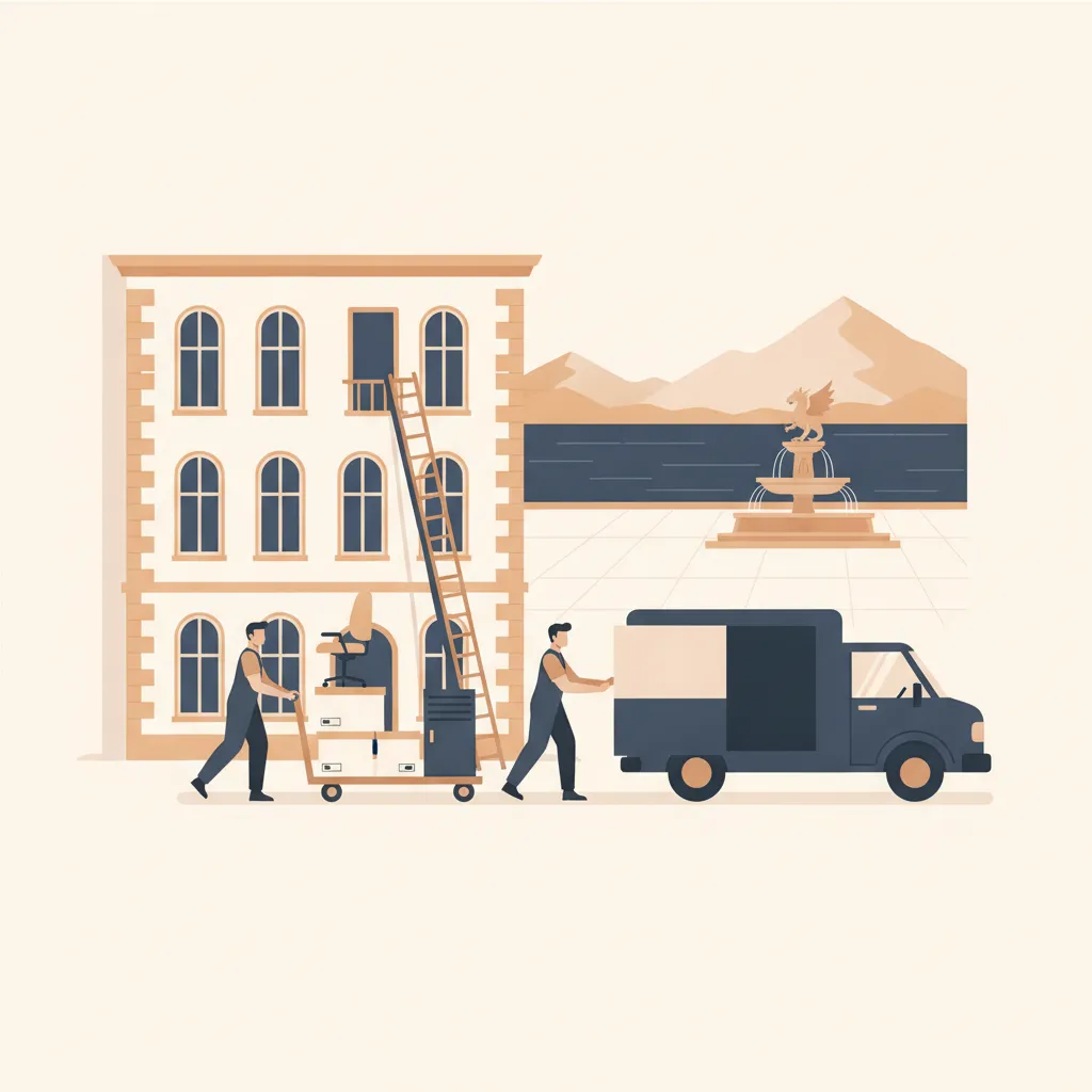 Flat-Design-Illustration: zwei Träger schieben beschriftete Aktenkartons und einen Bürocontainer auf Rollwagen aus einem Klagenfurter Bürohaus zu einem geschlossenen Kastenwagen ohne Emblem, daneben ein Möbellift an der Fassade, im Hintergrund der Lindwurm-Drachenbrunnen und der Wörthersee - Firmen- und Büroumzug in Klagenfurt