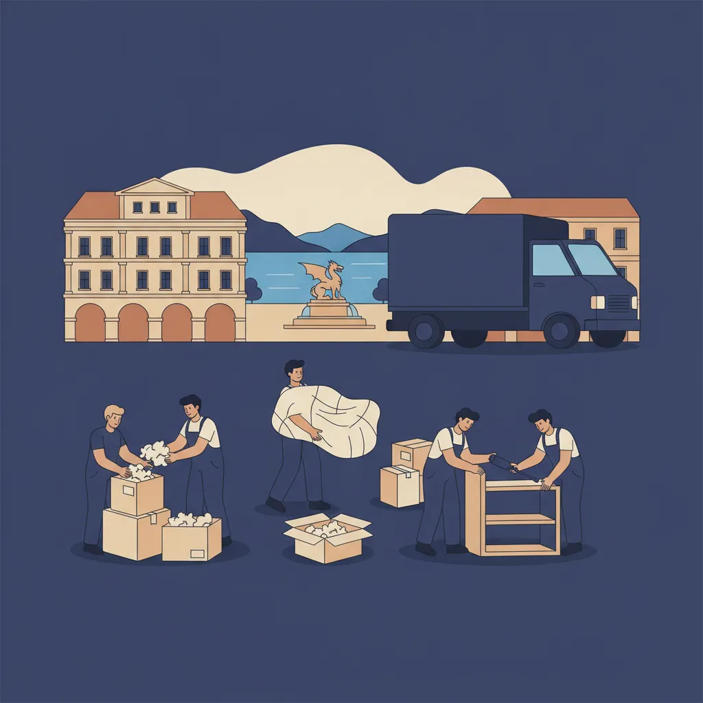 Flat-Design-Illustration: ein Team in schlichter Arbeitskleidung packt Kartons, trägt deckenverpackte Möbel und schraubt ein Regal zusammen, daneben ein geschlossener Kastenwagen ohne Emblem, im Hintergrund der Lindwurm-Brunnen am Neuen Platz und der Wörthersee - Full-Service-Umzug in Klagenfurt