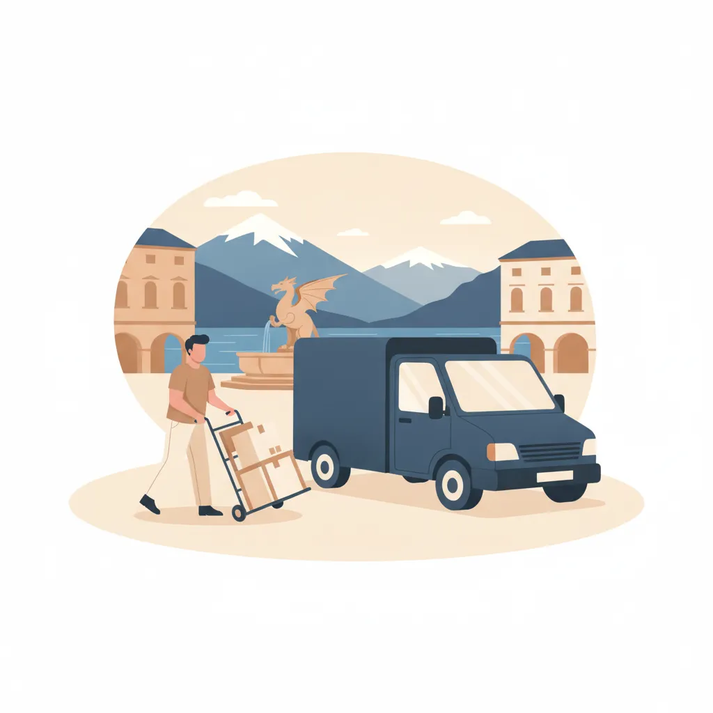 Flat-Design-Illustration: ein Träger schiebt eine Sackkarre mit wenigen beschrifteten Kartons und einem einzelnen Sessel zu einem kleinen geschlossenen Kastenwagen ohne Emblem, im Hintergrund der Lindwurmbrunnen am Neuen Platz und Arkaden der Klagenfurter Altstadt - Kleintransport in Klagenfurt
