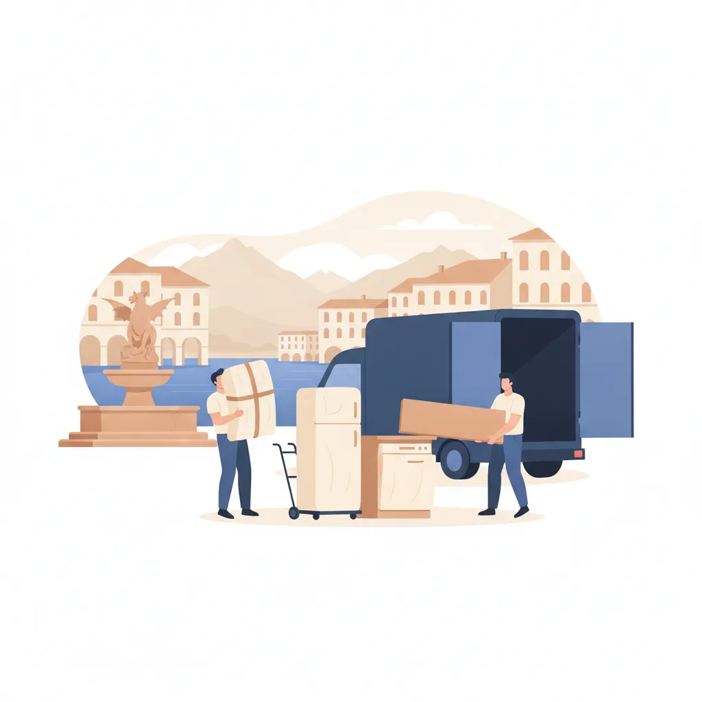 Flat-Design-Illustration: zwei Träger zerlegen eine Einbauküche, deckenverpackte Oberschränke und ein gepolsterter Kühlschrank stehen bereit, daneben ein geschlossener Kastenwagen ohne Emblem, im Hintergrund der Lindwurmbrunnen und die Arkaden der Klagenfurter Altstadt am Wörthersee - Küchenumzug in Klagenfurt