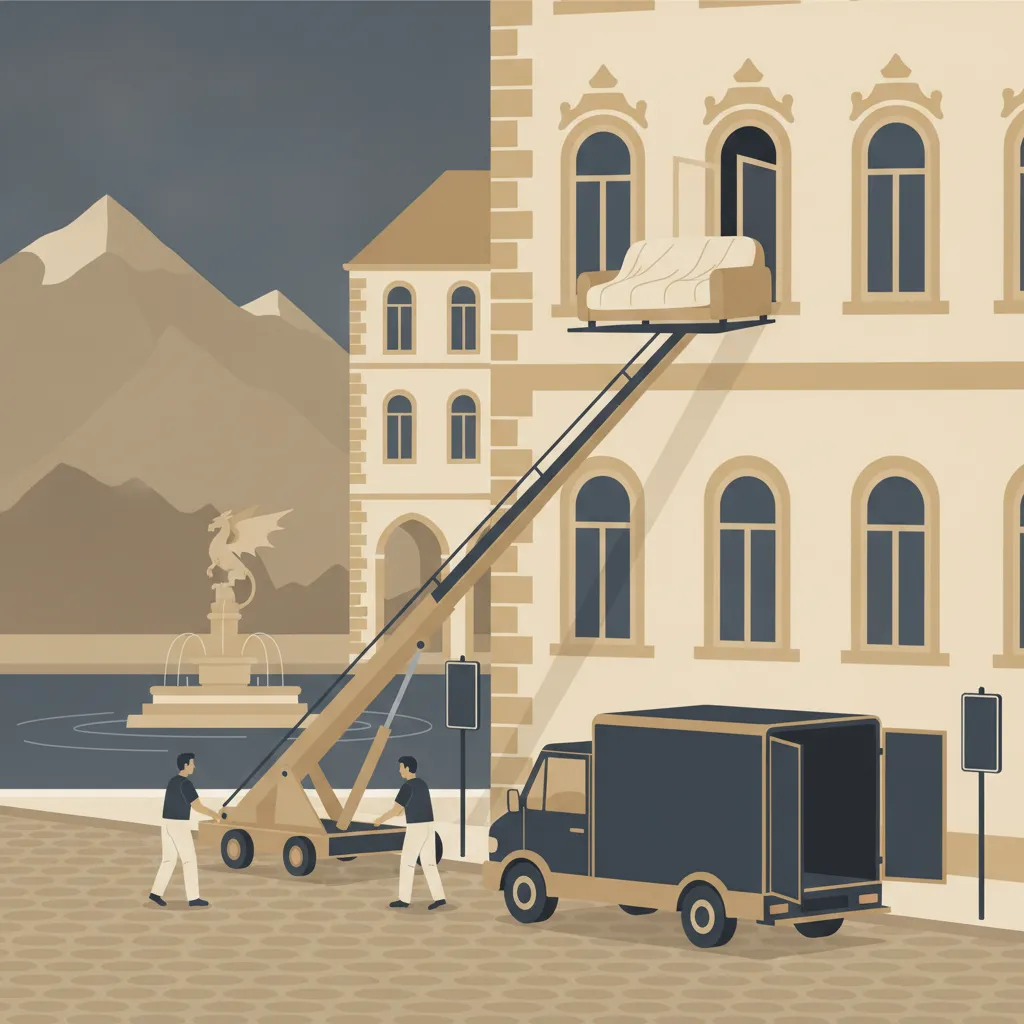 Flat-Design-Illustration: ein Möbellift mit schräger Teleskopschiene hebt ein deckenverpacktes Sofa zu einem geöffneten Fenster im oberen Stock eines Klagenfurter Gründerzeit-Altbaus, unten ein geschlossener Kastenwagen ohne Emblem in einer Halteverbotszone, im Hintergrund der Lindwurmbrunnen und Arkadenhöfe am Wörthersee - Möbellift in Klagenfurt