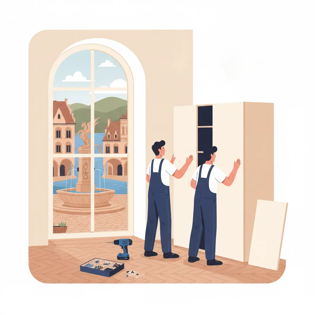 Flat-Design-Illustration: zwei Monteure in schlichter Arbeitskleidung bauen einen hohen Kleiderschrank in einer Klagenfurter Gründerzeitwohnung mit hohen Räumen auf, daneben Akkuschrauber und ein sortierter Beschlagkasten, im Hintergrund der Lindwurm-Brunnen und der Wörthersee - Möbelmontage in Klagenfurt
