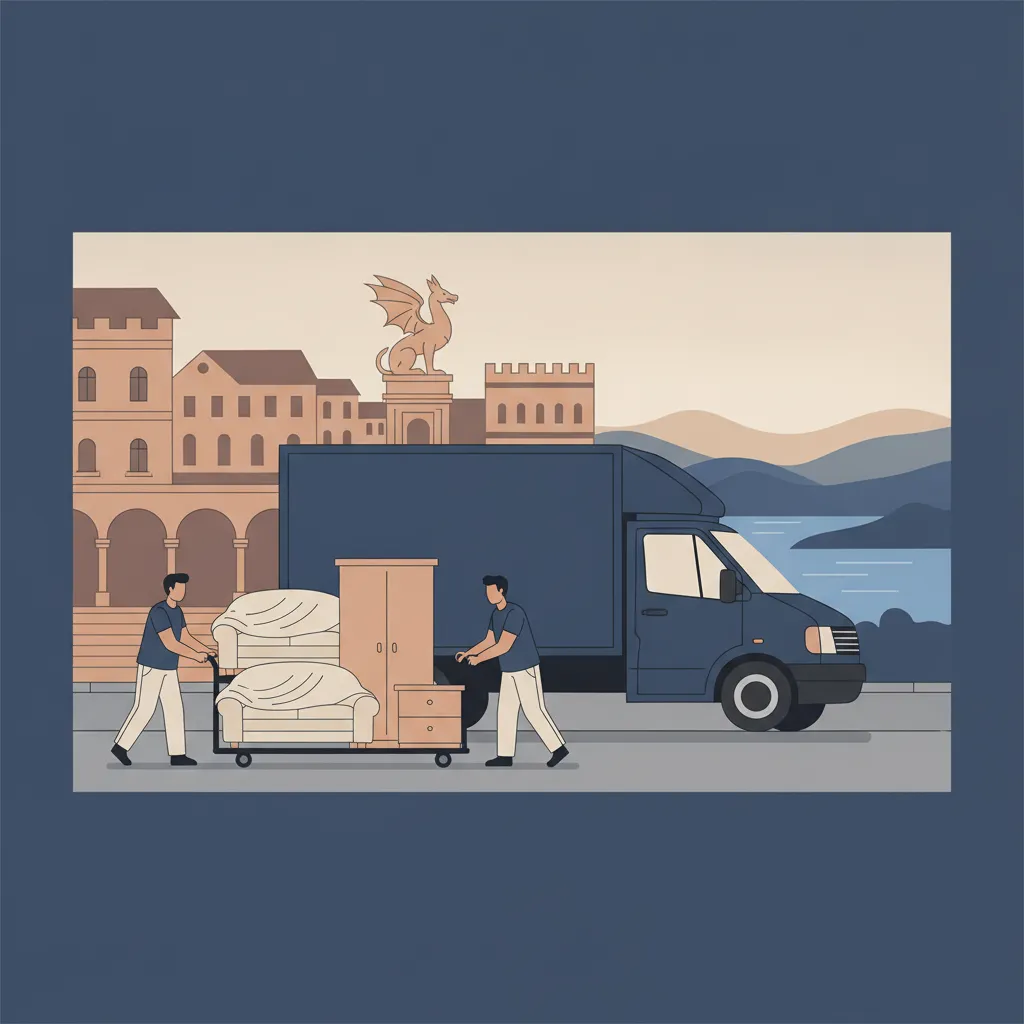 Flat-Design-Illustration: zwei Träger schieben mehrere deckenverpackte Möbelstücke - Sofa, Schrank und Kommode - über eine Sackkarre in einen offenen Kastenwagen ohne Emblem, im Hintergrund Klagenfurter Altstadtfassaden mit Arkadenhof, der Lindwurm-Brunnen und der Wörthersee - Möbeltransport in Klagenfurt
