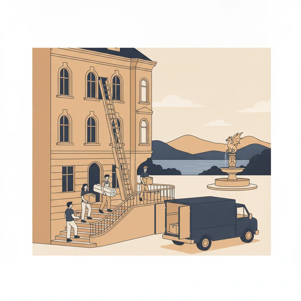 Flat-Design-Illustration: ein junges Paar und zwei Träger schieben deckenverpackte Möbel und beschriftete Kartons aus einem Klagenfurter Gründerzeit-Altbau zu einem geschlossenen Kastenwagen ohne Emblem, daneben ein Möbellift an der Fassade, im Hintergrund der Lindwurm-Drachenbrunnen und der Wörthersee - Privatumzug in Klagenfurt