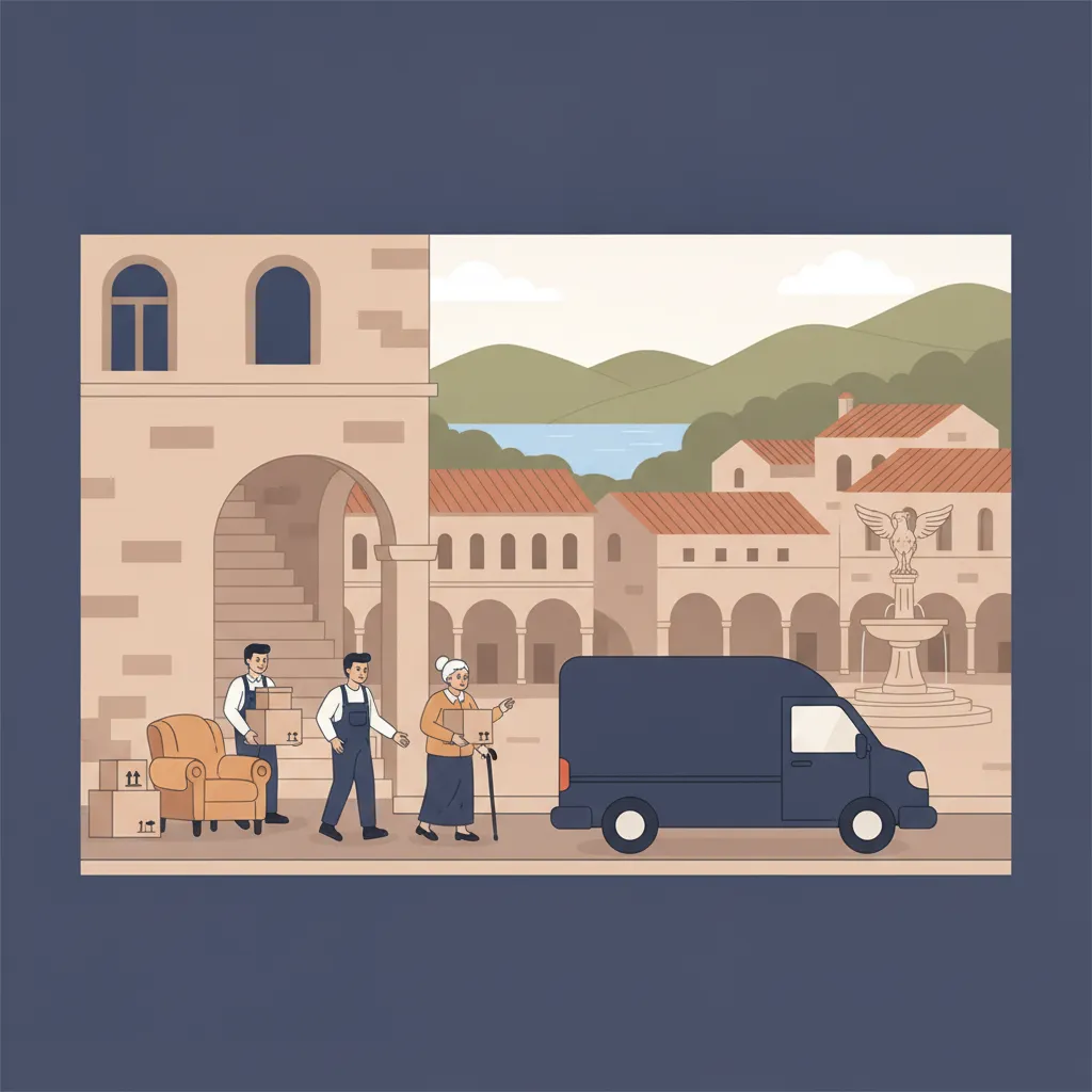 Flat-Design-Illustration: zwei Träger helfen einer älteren Dame geduldig beim Übersiedeln, tragen deckenverpackte Möbel und beschriftete Kartons aus einer Klagenfurter Altstadtwohnung, daneben ein geschlossener Kastenwagen ohne Emblem, im Hintergrund der Lindwurm-Brunnen und der Wörthersee - Seniorenumzug in Klagenfurt