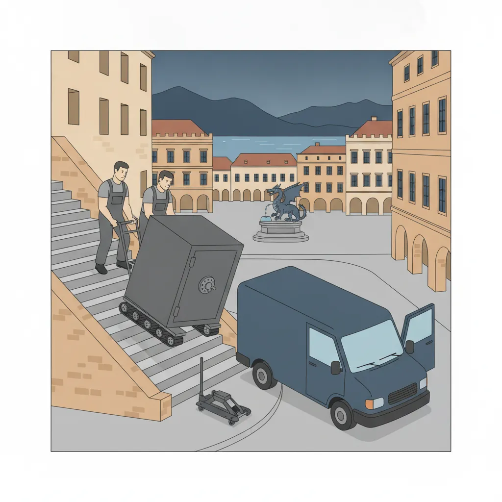 Flat-Design-Illustration: zwei Träger bewegen einen massiven grauen Tresor mit Schwerlastroller und Treppenraupe über eine enge Altstadt-Stiege, daneben ein geschlossener Kastenwagen ohne Emblem, im Hintergrund der Lindwurm-Brunnen am Neuen Platz und der Wörthersee - Tresortransport in Klagenfurt