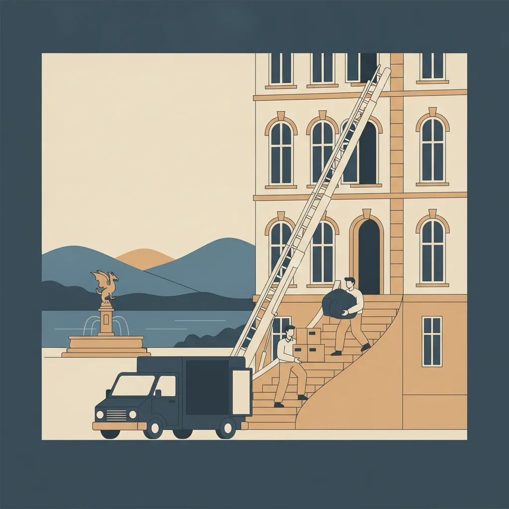 Flat-Design-Illustration: zwei Träger schieben deckenverpackte Möbel und beschriftete Kartons aus einem Klagenfurter Gründerzeit-Altbau zu einem geschlossenen Kastenwagen ohne Emblem, daneben ein Möbellift an der Fassade, im Hintergrund der Lindwurm-Drachenbrunnen und der Wörthersee - Übersiedlung in Klagenfurt