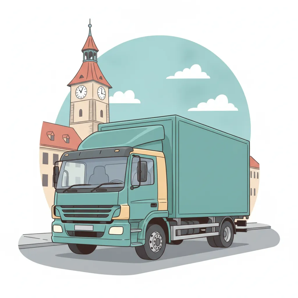 Comic-Illustration: geschlossener Umzugstransporter erreicht Graz – Umzug von Klagenfurt nach Graz