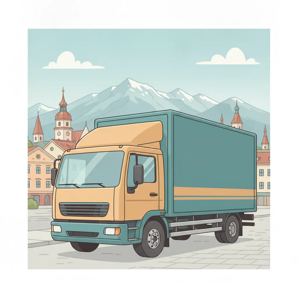 Comic-Illustration: geschlossener Umzugstransporter erreicht Innsbruck – Umzug von Klagenfurt nach Innsbruck