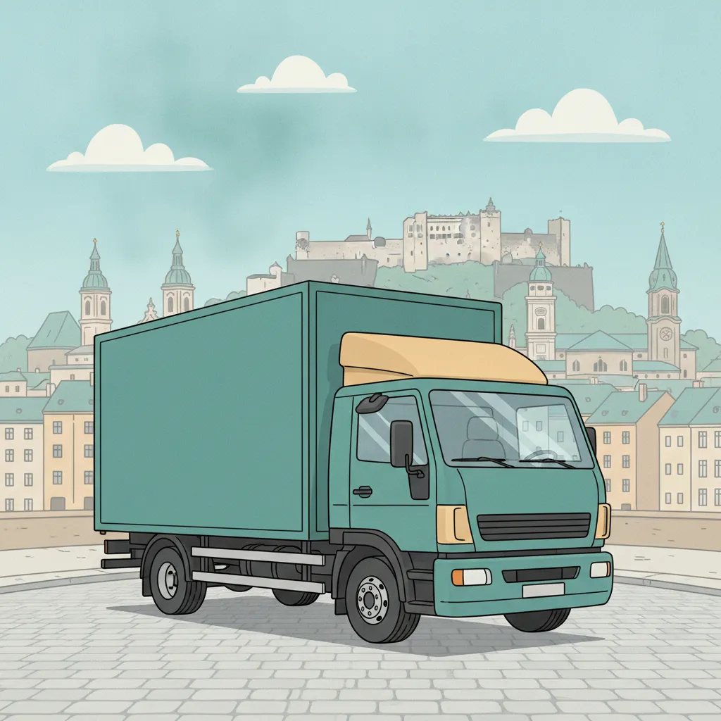 Comic-Illustration: geschlossener Umzugstransporter erreicht Salzburg – Umzug von Klagenfurt nach Salzburg
