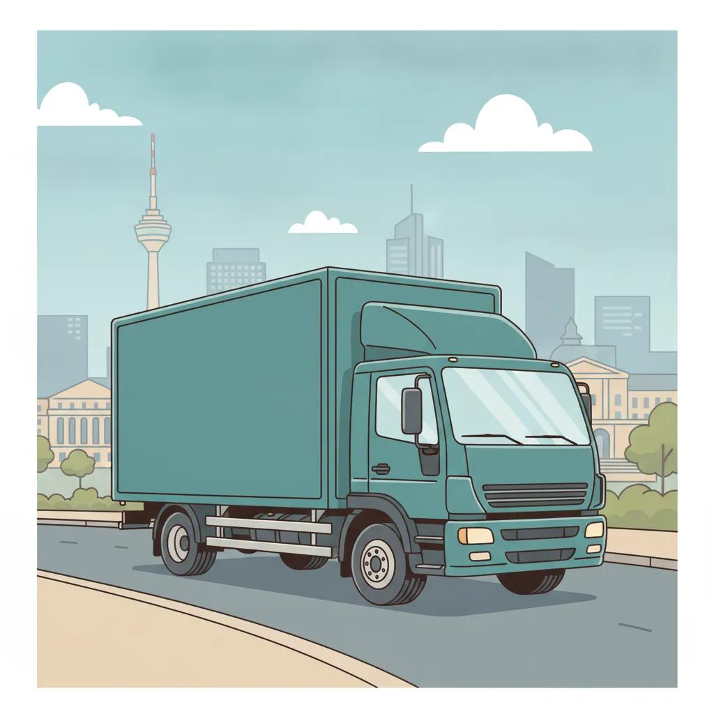 Comic-Illustration: geschlossener Umzugstransporter erreicht Stuttgart – Umzug von Klagenfurt nach Stuttgart